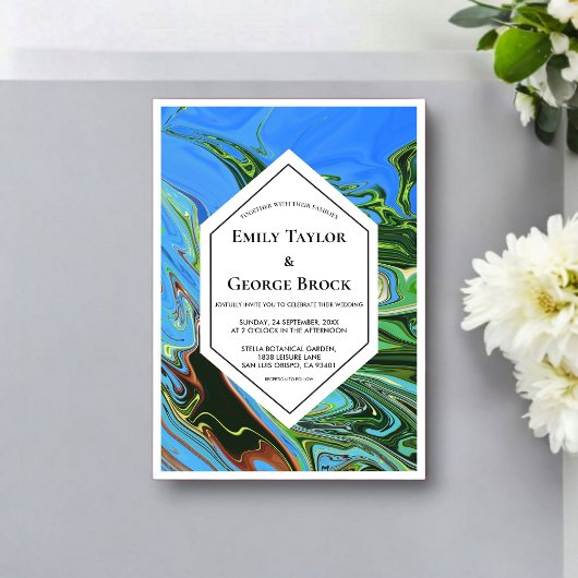 Elegant Artistic Blue Green Abstract Paint Wedding アクリル招待状