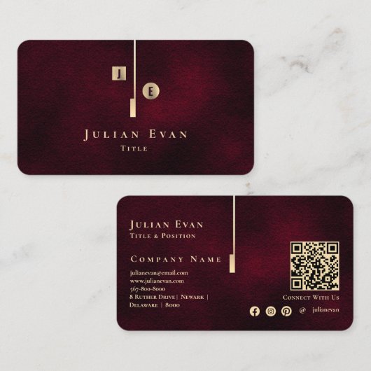 Elegant Artistic Monogram Burgundy Wine Gold 名刺 (正面/裏面)