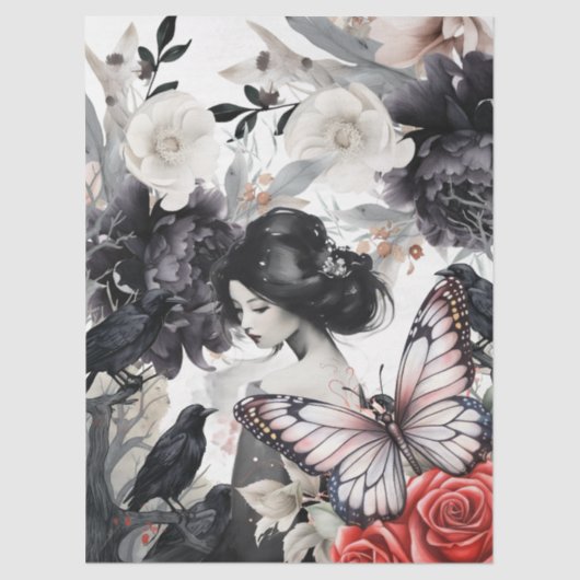 Elegant Asian Girl Raven Butterfly Decoupage 薄葉紙 (正面)