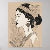 Elegant Asian Woman – Botanical Minimalist Line Ar ポスター (正面)