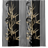 Elegant Asianstyle Black White Stripe Gold Bamboo シャワーカーテン (正面)