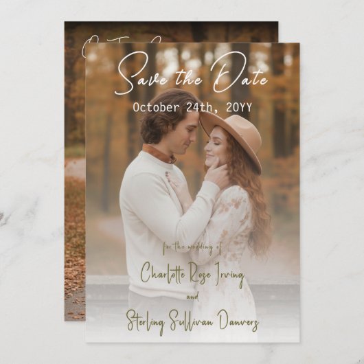 Elegant Autumn 2 Photo Script Save The Date 招待状 (正面/裏面)