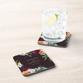 Elegant Autumn Burgundy Floral Gold Script Wedding コースター (右側)