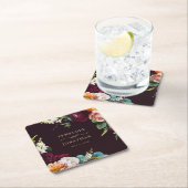 Elegant Autumn Burgundy Floral Gold Script Wedding スクエアペーパーコースター (インサイチュ)