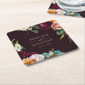 Elegant Autumn Burgundy Floral Gold Script Wedding スクエアペーパーコースター (アングル)