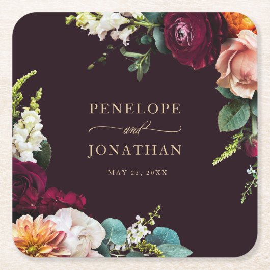 Elegant Autumn Burgundy Floral Gold Script Wedding スクエアペーパーコースター (正面)