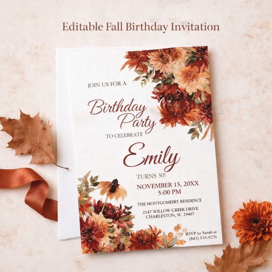Elegant Autumn Floral Birthday Party Invitation 招待状