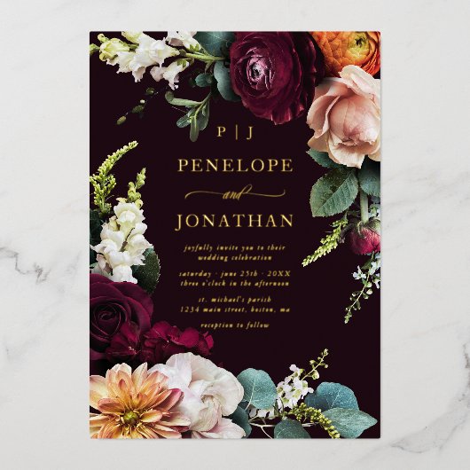 Elegant Autumn Floral Gold Monogram Wedding 箔招待状 (正面)