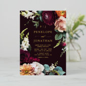 Elegant Autumn Floral Gold Monogram Wedding 箔招待状 (立ち正面)