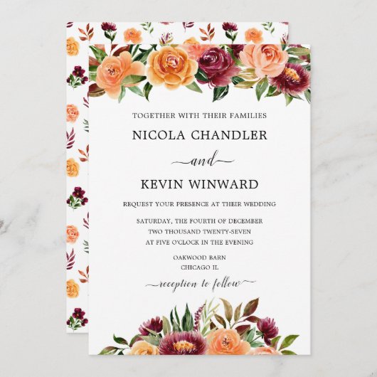 Elegant Autumn Floral Wedding 招待状 (正面/裏面)