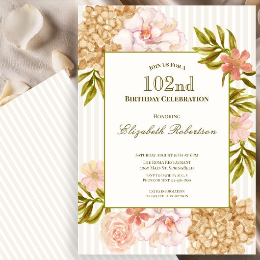 Elegant Autumn Flowers 102nd Birthday Invitation 招待状