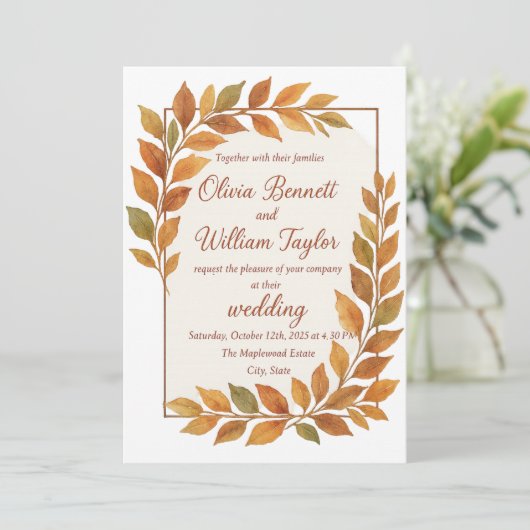 Elegant Autumn Leaves & Copper Rustic Fall 招待状 (スタンド正面)