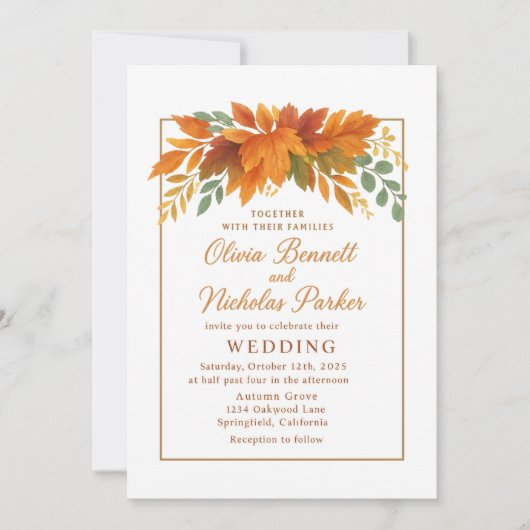 Elegant Autumn Leaves & Copper Rustic Fall 招待状 (正面)