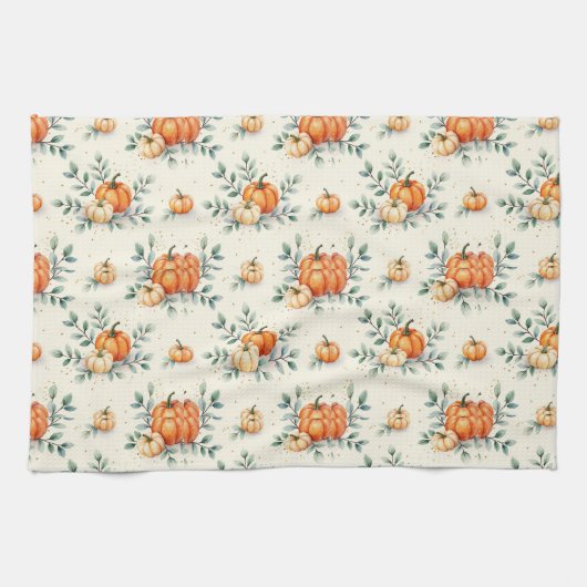 Elegant Autumn Pumpkin and Eucalyptus Watercolor  キッチンタオル (横)