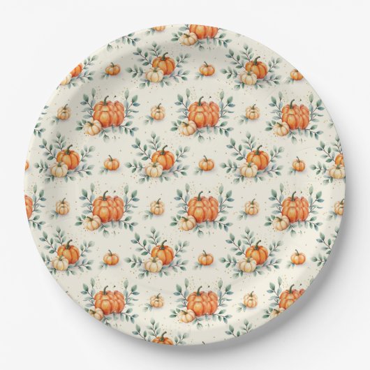 Elegant Autumn Pumpkin and Eucalyptus Watercolor  ペーパープレート (正面)