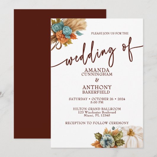 Elegant Autumn Pumpkin Fall Wedding Invitation 招待状 (正面/裏面)