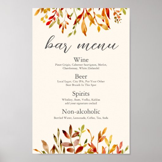 Elegant Autumn Wedding Custom Fall Leaves Bar Menu ポスター (正面)