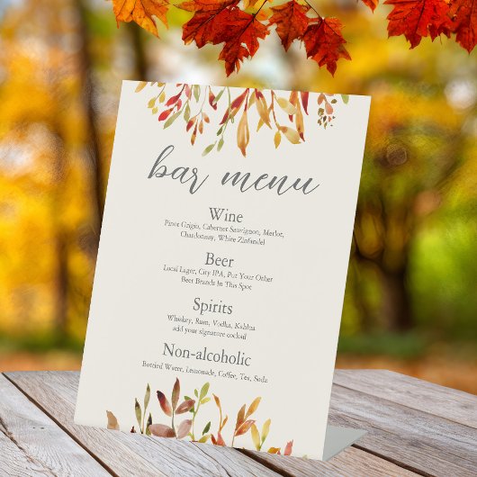 Elegant Autumn Wedding Custom Fall Leaves Bar Menu 台座サイン