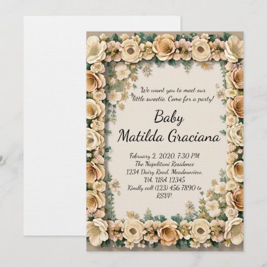 Elegant Baby announcement invitation 招待状 (正面/裏面)