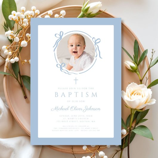 Elegant Baby Blue Bow Boy Photo Baptism 招待状