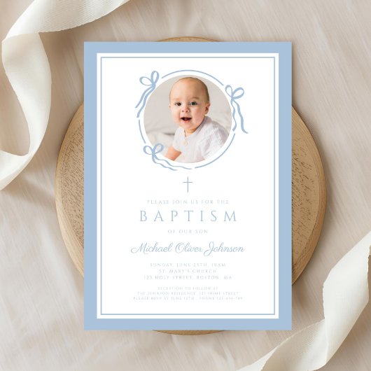 Elegant Baby Blue Bow Boy Photo Baptism 招待状