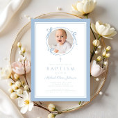 Elegant Baby Blue Bow Boy Photo Baptism 招待状