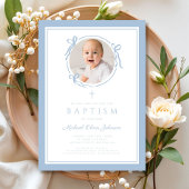 Elegant Baby Blue Bow Boy Photo Baptism 招待状