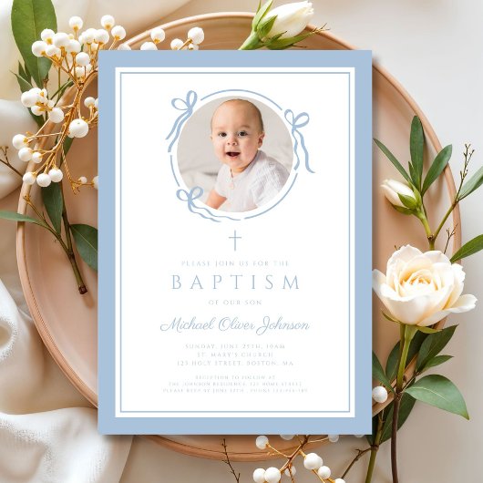 Elegant Baby Blue Bow Boy Photo Baptism 招待状