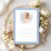 Elegant Baby Blue Bow Boy Photo Baptism 招待状