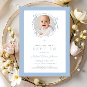 Elegant Baby Blue Bow Photo Baptism 招待状