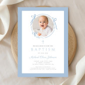 Elegant Baby Blue Bow Photo Baptism 招待状
