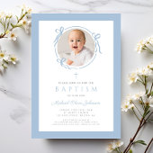 Elegant Baby Blue Bow Photo Baptism 招待状