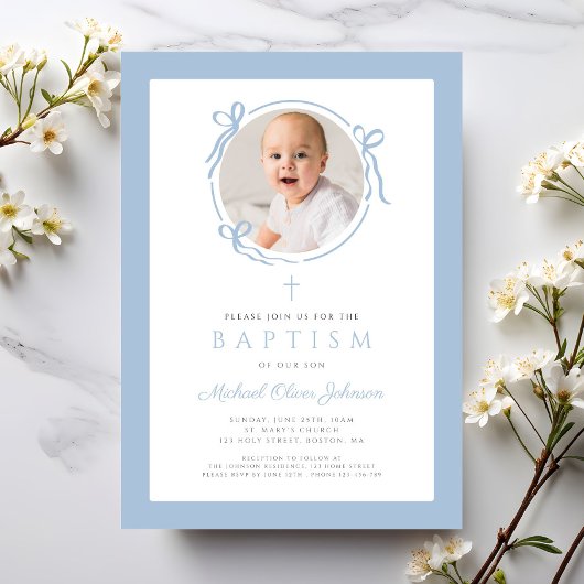 Elegant Baby Blue Bow Photo Baptism 招待状