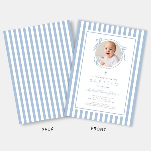 Elegant Baby Blue Bow Photo Boy Baptism 招待状