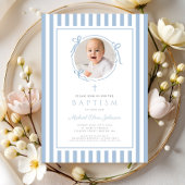 Elegant Baby Blue Bow Photo Boy Baptism 招待状