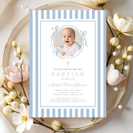 Elegant Baby Blue Bow Photo Boy Baptism 招待状