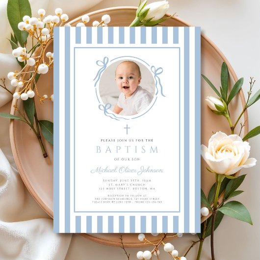 Elegant Baby Blue Bow Photo Boy Baptism 招待状