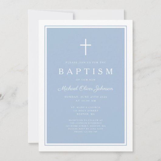 Elegant Baby Blue Cross Boy Baptism 招待状 (正面)