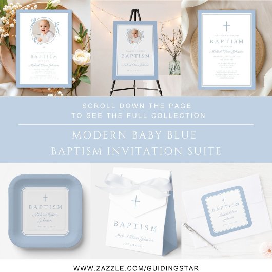 Elegant Baby Blue Cross Boy Baptism 招待状