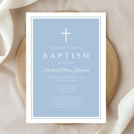 Elegant Baby Blue Cross Boy Baptism 招待状