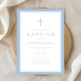 Elegant Baby Blue Cross Boy Baptism 招待状