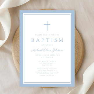 Elegant Baby Blue Cross Boy Baptism 招待状