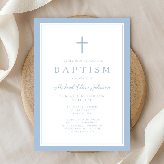 Elegant Baby Blue Cross Boy Baptism 招待状