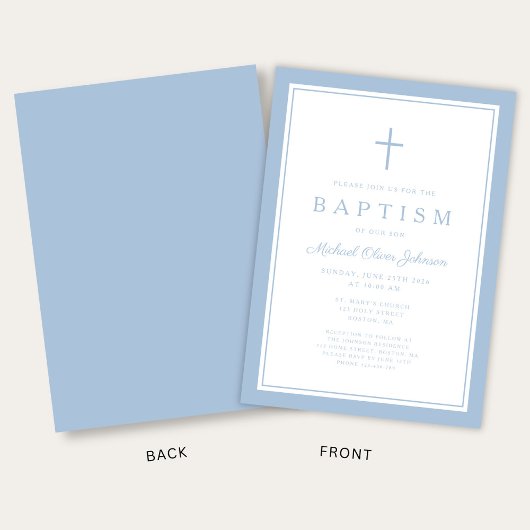 Elegant Baby Blue Cross Boy Baptism 招待状