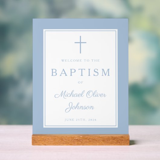 Elegant Baby Blue Cross Boy Baptism Welcome アクリルサイン (ニュートラル)