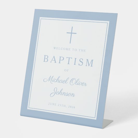 Elegant Baby Blue Cross Boy Baptism Welcome 台座サイン (正面)