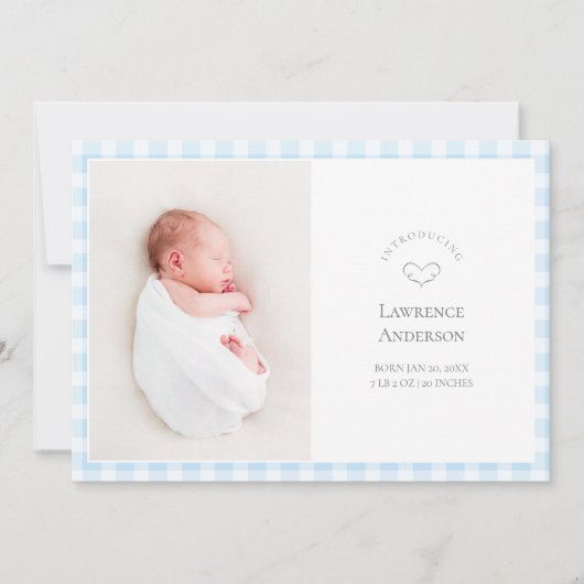 Elegant Baby Blue Gingham 2 Photo Baby Boy Birth 案内状 (正面)