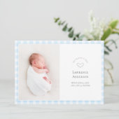 Elegant Baby Blue Gingham 2 Photo Baby Boy Birth 案内状 (スタンド正面)