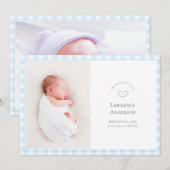 Elegant Baby Blue Gingham 2 Photo Baby Boy Birth 案内状 (正面/裏面)