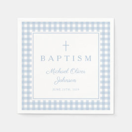 Elegant Baby Blue Gingham Boy Baptism スタンダードカクテルナプキン